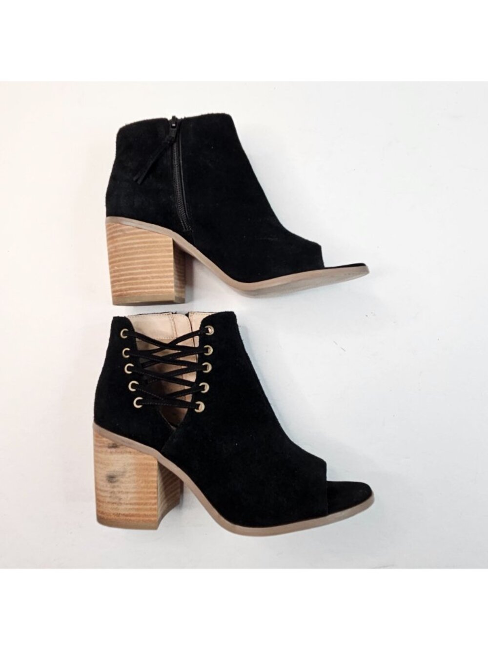 Sole Society Peep Toe Boots Suede Black Boho Western Block Heel Ankle Boots 7.5 - Picture 5 of 13